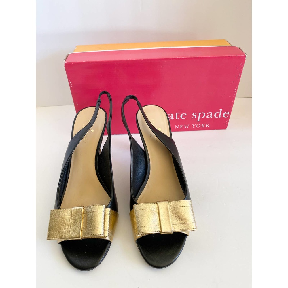 KATE SPADE Women's Black Nappa/Gold Kid Leather Slingback Becka Sandals sz 8.5M